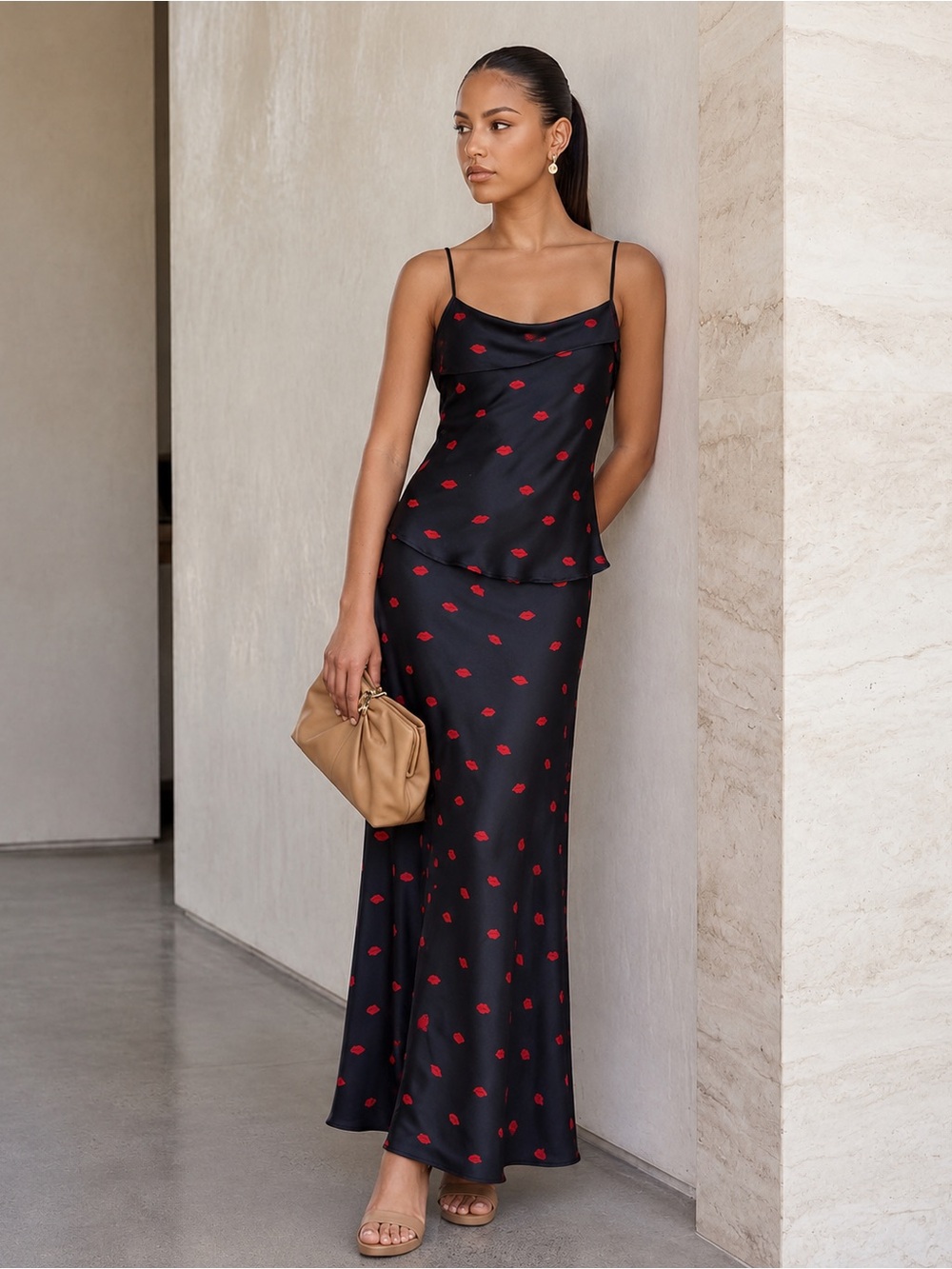 a new day Black Satin Slip Maxi Dress with Red Lip Print